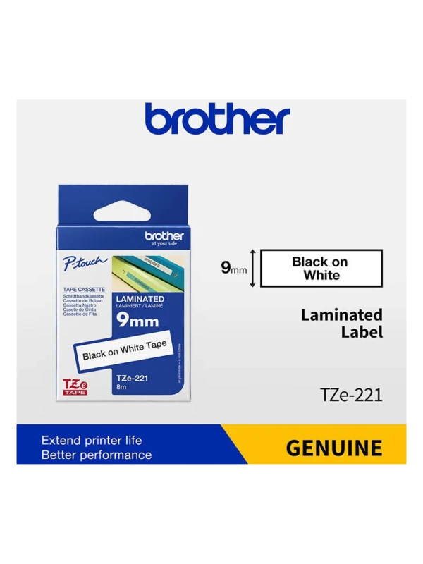 Brother TZe-221, khổ 9mm, dài 8m, Black on White, chống thấm nước | Phúc Cơ