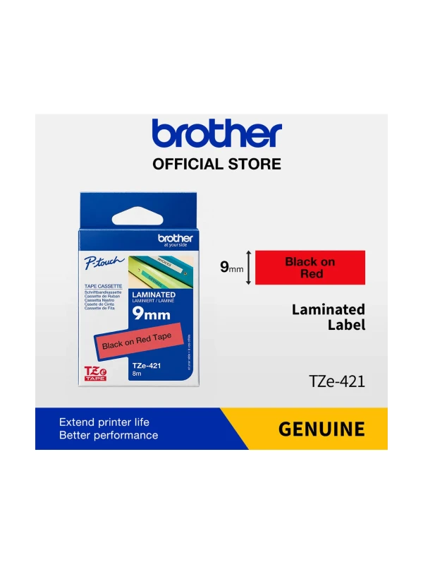Brother TZe-421, khổ 9mm, dài 8m, Black on Red, chống thấm nước | Phúc Cơ