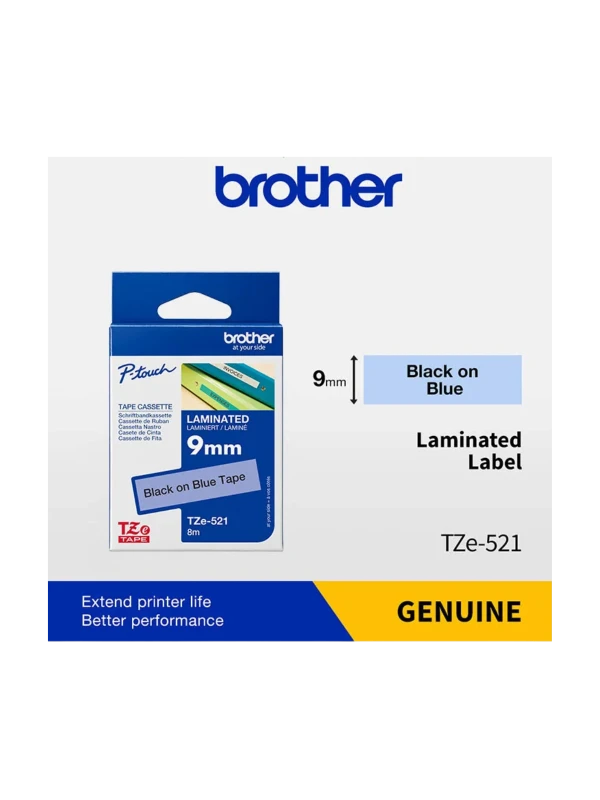 Brother TZe-521, khổ 9mm, dài 8m, Black on Blue, chống thấm nước | Phúc Cơ