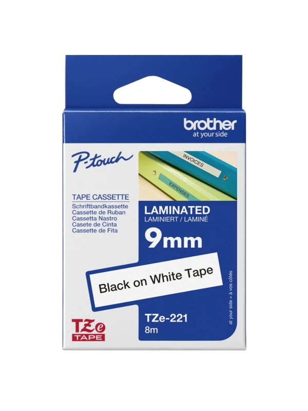 Brother TZe-221, khổ 9mm, dài 8m, Black on White, chống thấm nước | Phúc Cơ
