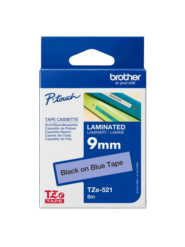 Brother TZe-521, khổ 9mm, dài 8m, Black on Blue, chống thấm nước | Phúc Cơ
