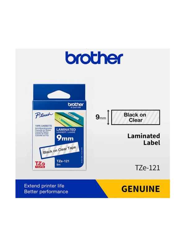 Brother Tze-121, Khổ 9Mm, Dài 8M, Black On Clear, Chống Thấm Nước