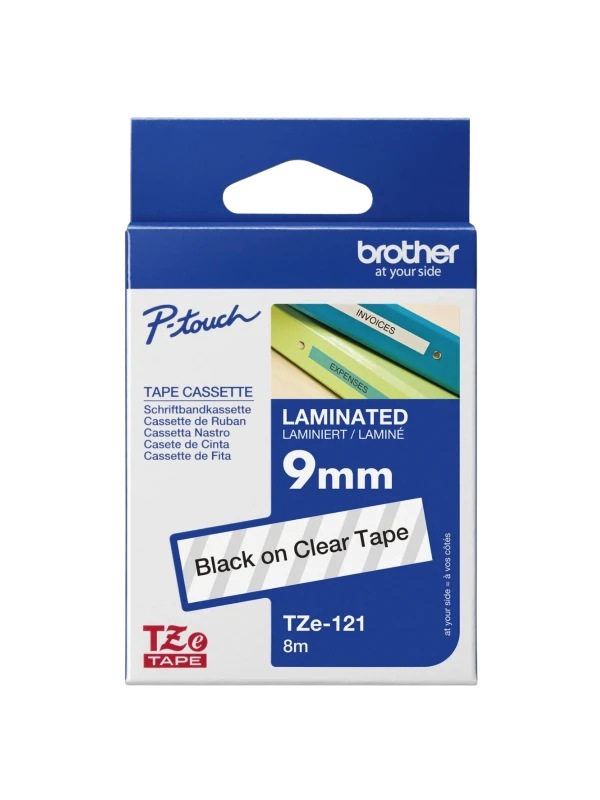 Brother Tze-121, Khổ 9Mm, Dài 8M, Black On Clear, Chống Thấm Nước