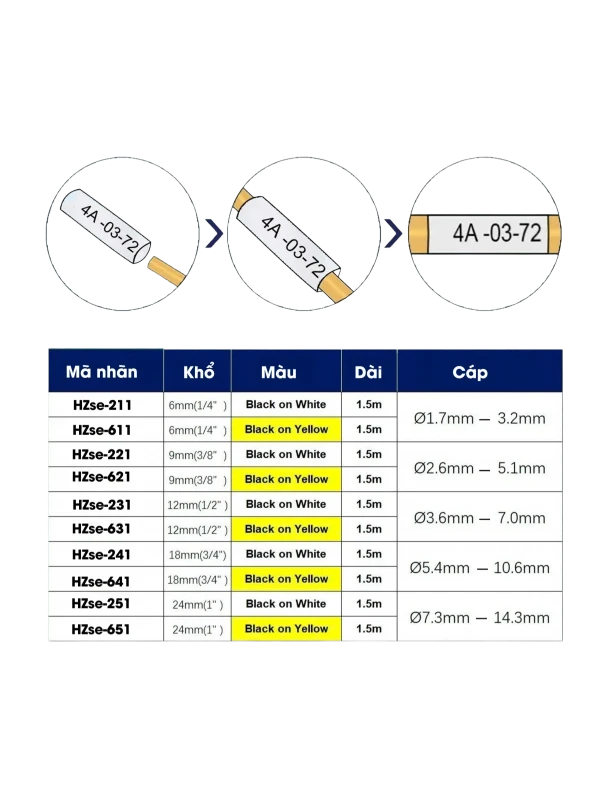 Ống Co Nhiệt Hzse-611, 6Mm X 1,5M, 1.7-3.2Mm, Vàng