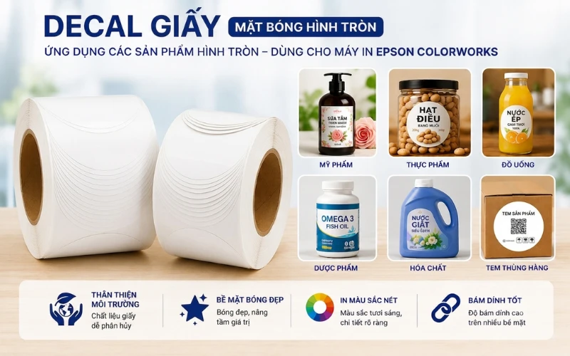 Decal giấy bóng hình trơn dùng cho máy Epson Colorworks