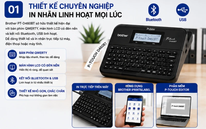 Thiết kế hiện đại – Bluetooth + USB – Bàn phím QWERTY – Màn hình LCD