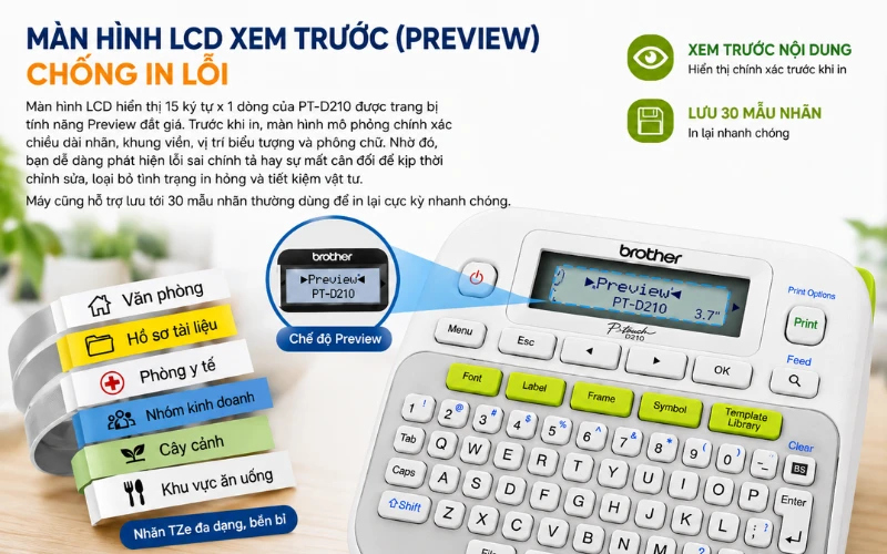 Màn hình LCD hiển thị preview tem nhãn trước khi in
