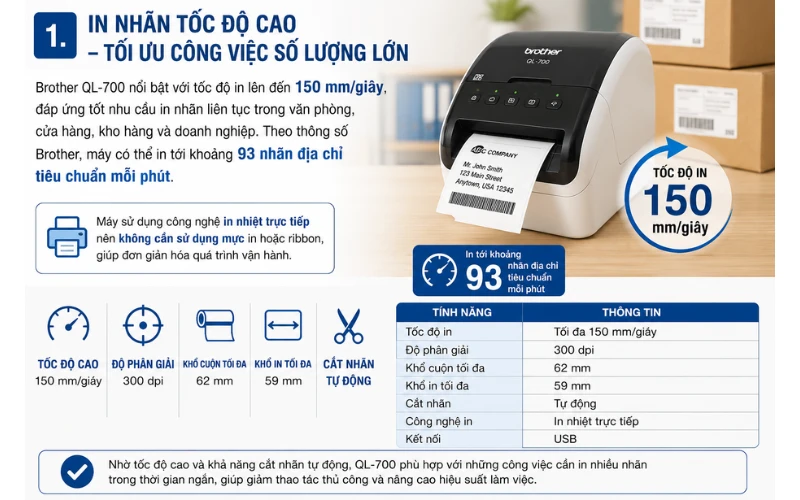 Brother QL-700 in nhãn liên tục với tốc độ cao, hỗ trợ cắt tự động và kết nối USB