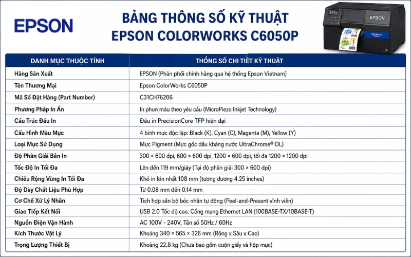 Thông số kỹ thuật của máy in nhãn màu Epson CW-C6050P