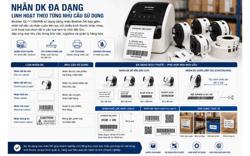 Các loại nhãn DK và kích thước đa dạng