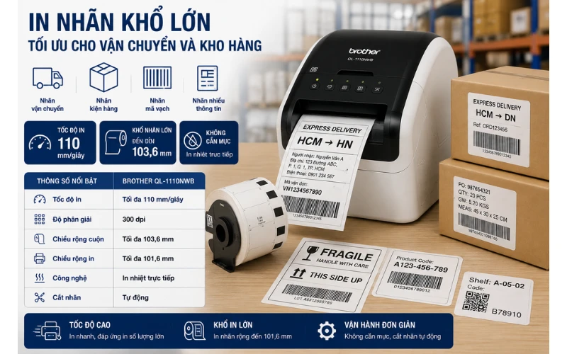 Máy QL-1110NWB - In nhanh nhãn vận chuyển khổ lớn