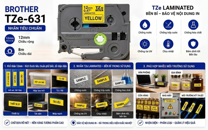 Ứng dụng băng nhãn Brother TZe-631